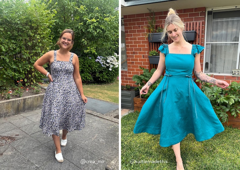 Puede incluir: Un vestido midi con escote cuadrado y tirantes anchos con un estampado floral en blanco y negro, junto a un vestido midi liso de color verde azulado con mangas de volantes, escote cuadrado y un cintur&oacute;n fino de lazo en la cintura.