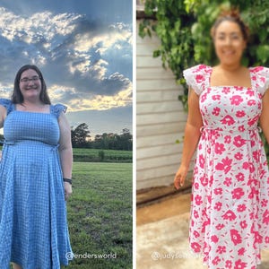 Puede incluir: Un vestido midi de cuadros vichy azules con mangas con volantes y escote cuadrado, junto a un vestido midi blanco con un llamativo estampado floral rosa, mangas con volantes, escote cuadrado y lazos laterales. Ambos tienen un corte ajustado.