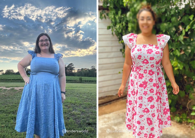 Puede incluir: Un vestido midi de cuadros vichy azules con mangas con volantes y escote cuadrado, junto a un vestido midi blanco con un llamativo estampado floral rosa, mangas con volantes, escote cuadrado y lazos laterales. Ambos tienen un corte ajustado.