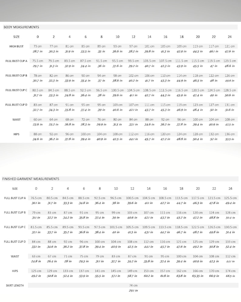 Puede incluir: Una tabla de tallas blanca con dos secciones tituladas Body Measurements y Finished Garment Measurements. La tabla enumera las tallas de la 0 a la 24 con las medidas correspondientes en cent&iacute;metros y pulgadas para busto, cintura, caderas y falda.