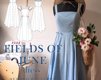 Fields of June Dress Sewing Pattern, Vintage Inspired, Midi Skirt, Tie Straps (Digital Download)
