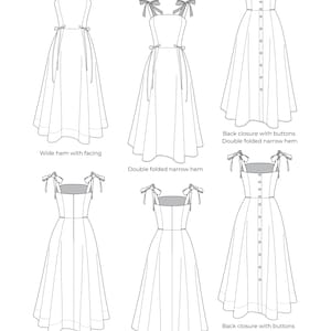 Puede incluir: Una ilustraci&oacute;n t&eacute;cnica de moda que muestra seis variaciones de un vestido con tirantes anchos de lazo. Los dise&ntilde;os presentan diferentes cierres traseros con botones o cremalleras invisibles, y acabados de dobladillo ancho o estrecho doblado.