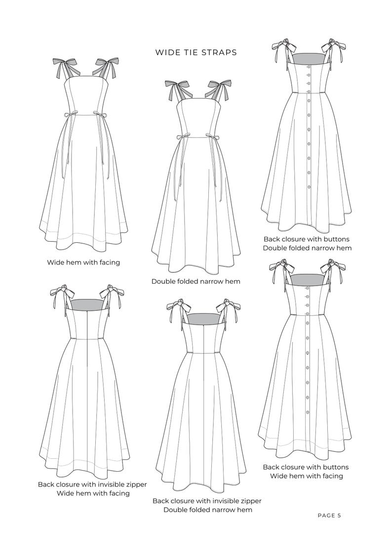 Puede incluir: Una ilustraci&oacute;n t&eacute;cnica de moda que muestra seis variaciones de un vestido con tirantes anchos de lazo. Los dise&ntilde;os presentan diferentes cierres traseros con botones o cremalleras invisibles, y acabados de dobladillo ancho o estrecho doblado.