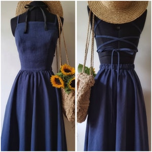 Reserved for E. SECRET ISLAND linen dress, open back dress, cross ties straps dress, full skirt dress, midi dress