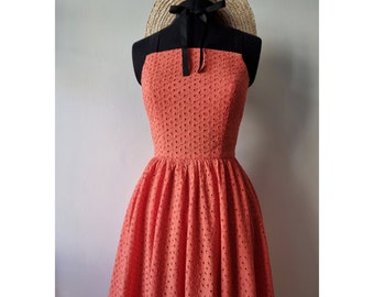 SECRET ISLAND Coral cotton dress, open back dress, cross ties straps dress, full skirt dress, midi dress