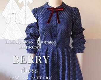 Berry Dress Sewing Pattern, Peter Pan Collar, Circle Skirt (Digital Download)