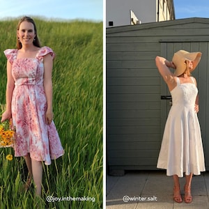 Puede incluir: Un vestido hasta la rodilla con escote cuadrado y mangas con volantes con un estampado floral rosa y blanco, junto a un vestido midi blanco con escote cuadrado, tirantes anchos y un sombrero de paja de ala ancha, ambos usados al aire libre.