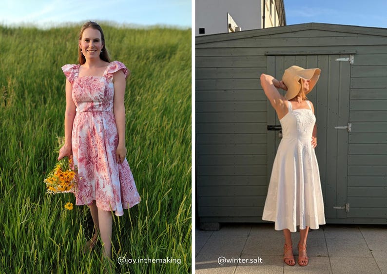 Puede incluir: Un vestido hasta la rodilla con escote cuadrado y mangas con volantes con un estampado floral rosa y blanco, junto a un vestido midi blanco con escote cuadrado, tirantes anchos y un sombrero de paja de ala ancha, ambos usados al aire libre.