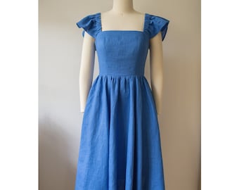 INES BLUE Linen Midi Dress