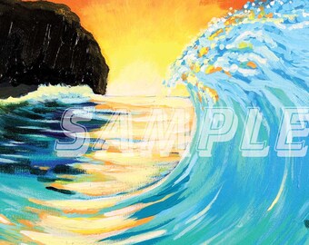 Hawaii Waves Sunset - Print from Original art by Artist AJ Moore