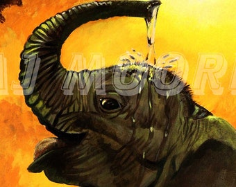 Baby Elephant Bathing - Print from Original art by Artist AJ Moore