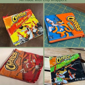 May include: Four square coin bags crafted from recycled Cheetos snack wrappers. Each pouch features a zippered closure and displays the original colorful branding, including Flamin' Hot, Puffs, and Crunchy varieties with the Cheetos mascot.