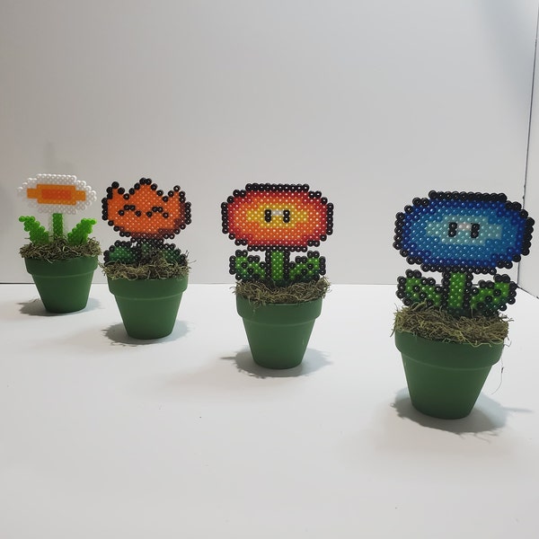 Mario Flowers, video game plants, 8bit plants, potted flowers, desk plants, game room decor, videogame decor, center piece, birthday decor