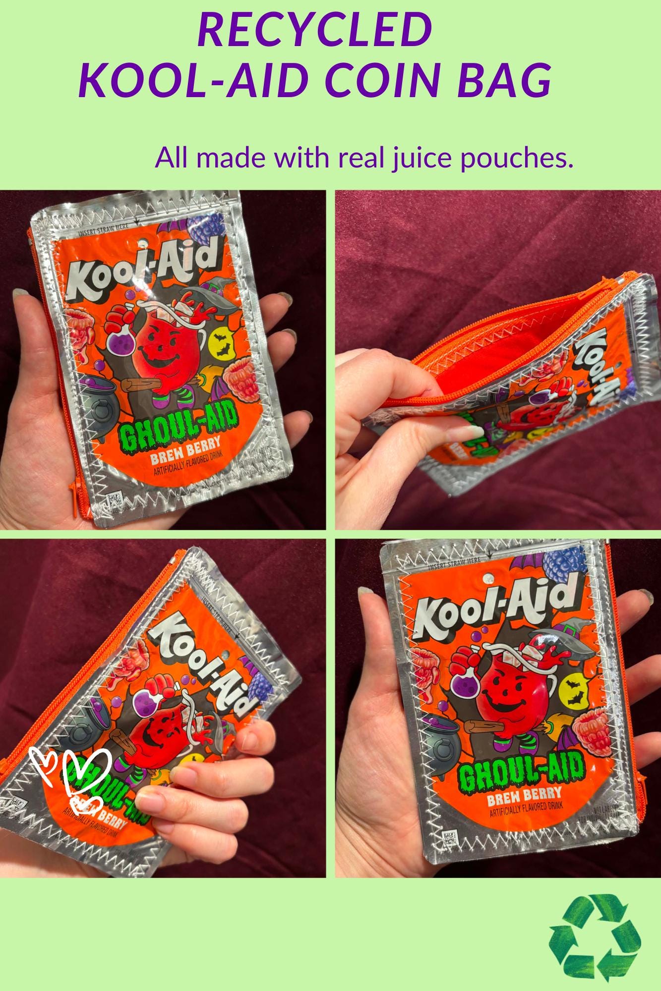 バッグ koo goo Upcycled Kool-aid Jammer Coin Bag – Recycled Drink Pouch Mini Zip