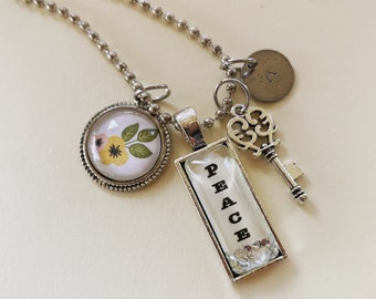 Peace charm necklace, key charm necklace, flower charm necklace, personalized necklace, daily affirmation necklace, gift for woman