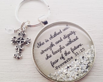 Proverbs 31 personalized keychain, "She is clothed with strength and dignity", bible verse keychain, Christian gift, cross keychain
