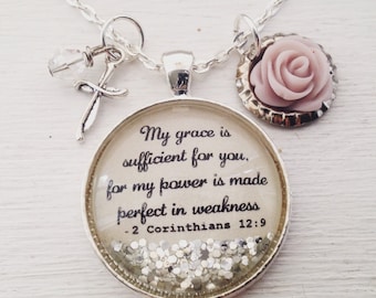 2 Corinthians 12:9 necklace,His grace is sufficient,grace necklace,scripture jewelry bible verse necklace,cross necklace,inspirational