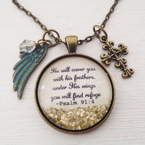 Bible verse necklace/Psalm 91:4/He will cover you with His feathers/Christian jewelry/personalized jewelry/scripture jewelry/Christian gift/