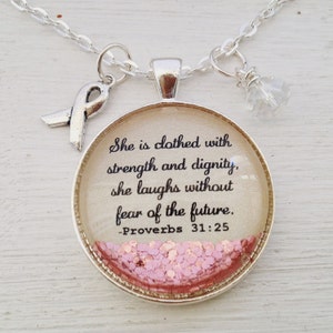 Breast Cancer necklace,Cancer awareness necklace,proverbs 31 sparkle necklace, she is clothed in strength and dignity, Christian jewelry