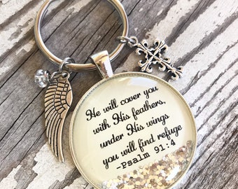 Bible verse keychain/Psalm 91:4/He will cover you with His feathers/Christian keychain/personalized gift for her/Christian gift/baptism gift