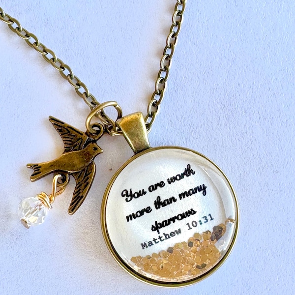 Christian jewelry, Christian gifts, Bible verse necklace, Matthew 10:31, You are worth more than many sparrows, scripture necklace