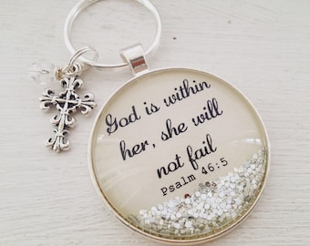 Psalm 46 sparkle keychain/God is within her, she will not fail/Christian keychain/Christian gift/Bible  verse keychain/Christian gift