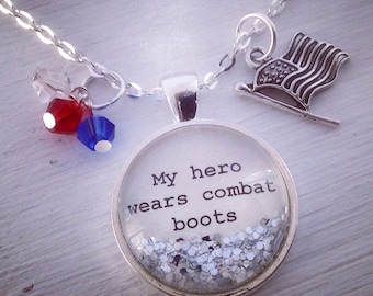 My hero wears combat boots necklace, patriotic jewelry, gift for military wife, military themed gift, gift for military mom, red white blue