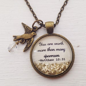 Christian jewelry, Christian gifts, Bible verse necklace, Matthew 10:31, You are worth more than many sparrows, scripture necklace