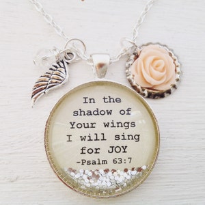 Bible verse necklace, Psalm 63:7 necklace, In the shadow of your wings I will sing for JOY, Christian jewelry, scripture necklace