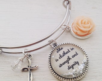 Christian jewelry/Proverbs 31 bangle bracelet/She is clothed in strength and dignity/bible verse bracelet/ cross jewelry/bible verse jewelry