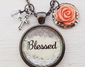 Personalized jewelry, "Blessed" glitter necklace, gift for her, charm necklace, blessed necklace