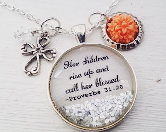 Gift for mom,Proverbs 31:28, Her children rise up and call her blessed,bible verse necklace,scripture jewelry,Christian jewelry