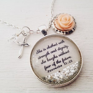 Proverbs 31/bible verse necklace/personalized jewelry/She is clothed in strength and dignity/Christian jewelry/Christian gift/gift for her