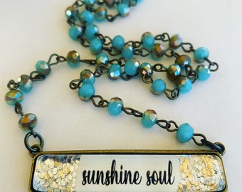 Sunshine soul personalized pendant necklace with beaded chain/inspirational gift/sparkle necklace/valentines gift/statement necklace