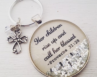 Mother’s Day gift,Proverbs 31:28 personalized keychain,Her children rise up and call her blessed,Bible verse keychain,Mom gift,Grandma gift