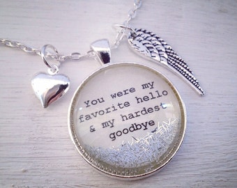 Personalized jewelry, You were my favorite hello, memorial necklace, memorial jewelry, personalized memorial necklace, angel wing necklace