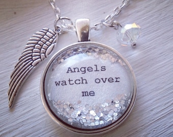 Angel necklace- Angels watch over me, guardian angel jewelry- wing & crystal pendant- Inspirational Gift, Grief and  Memorial Necklace