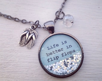 Personalized jewelry, beach themed jewelry, "Life is better in flip flops" sparkle necklace, beach lover gift, gift for her