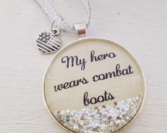 Patriotic Christmas ornament, My hero wears combat boots, military family ornament, American flag ornament, sparkle ornament, personalized