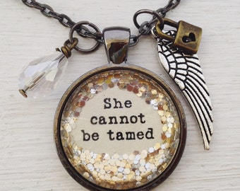 Personalized jewelry/Inspirational quote necklace/"She cannot be tamed"/mixed metal necklace/wing necklace/inspirational gift/gift for her