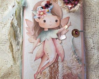 Handmade Fairy Junk Journal with Stickers, Vintage Lace Pocket