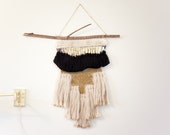 victor / black and gold tapestry wall hanging with tassels / weaving with cotton, leather and hemp / textile art