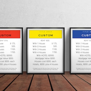 May include: Three Monopoly-style property cards with custom rent values. The cards are red, yellow, and blue with black text. The cards are titled "Custom" and list the rent values for each property with 1, 2, 3, or 4 houses and a hotel.