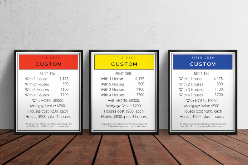 May include: Three Monopoly-style property cards with custom rent values. The cards are red, yellow, and blue with black text. The cards are titled "Custom" and list the rent values for each property with 1, 2, 3, or 4 houses and a hotel.