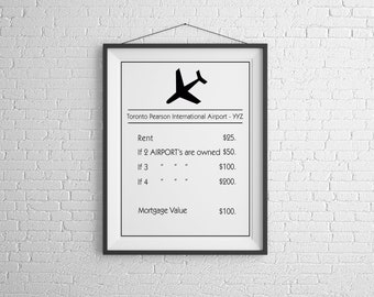 Monopoly Airport style card prints.  Pilot, flight attendant seasoned travelers, or just starting an adventure