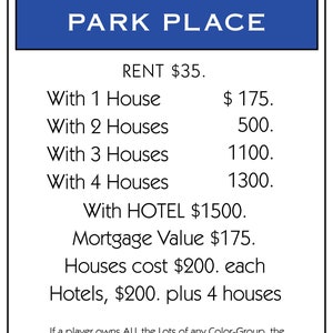 May include: A Monopoly game property card for Park Place. The card shows the rent is $35, $175 with one house, $500 with two houses, $1,100 with three houses, $1,300 with four houses, and $1,500 with a hotel. The mortgage value is $175. Houses cost $200 each and hotels cost $200 plus four houses.