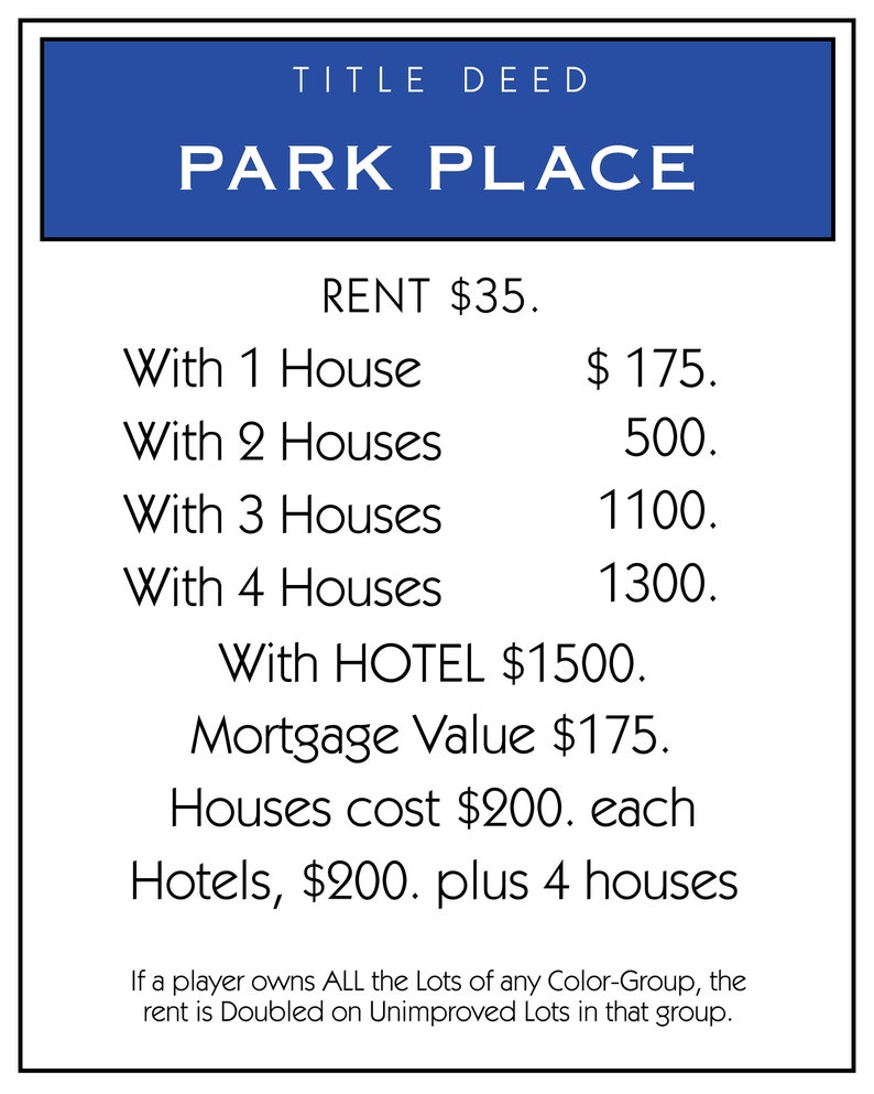 May include: A Monopoly game property card for Park Place. The card shows the rent is $35, $175 with one house, $500 with two houses, $1,100 with three houses, $1,300 with four houses, and $1,500 with a hotel. The mortgage value is $175. Houses cost $200 each and hotels cost $200 plus four houses.