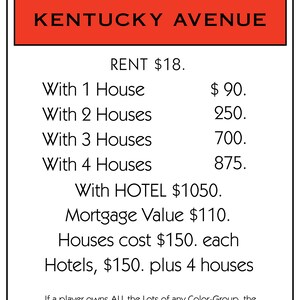 May include: A red and white title deed card for the Monopoly board game property Kentucky Avenue. The card lists the rent for the property, the cost of houses and hotels, and the mortgage value.