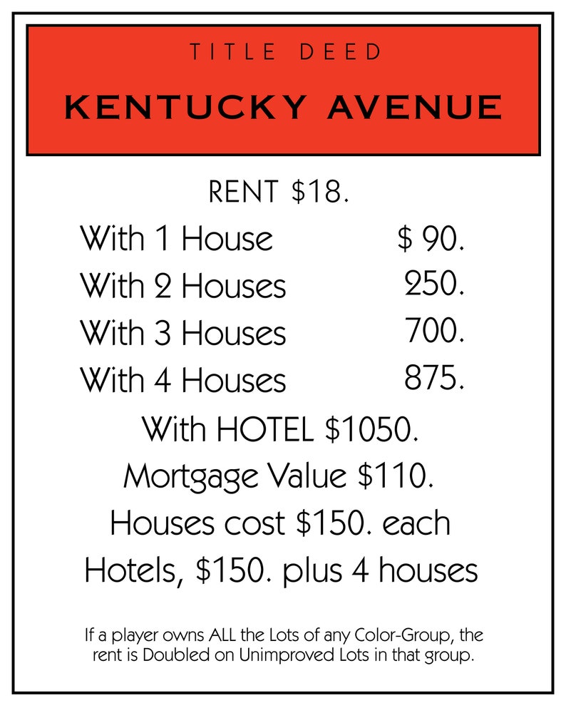 May include: A red and white title deed card for the Monopoly board game property Kentucky Avenue. The card lists the rent for the property, the cost of houses and hotels, and the mortgage value.