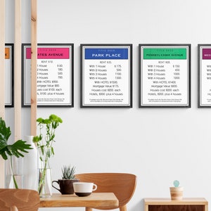 May include: Five black framed cards with white text on colored backgrounds. Each card lists the name of a property from the board game Monopoly, the rent amount, and the cost of houses and hotels.